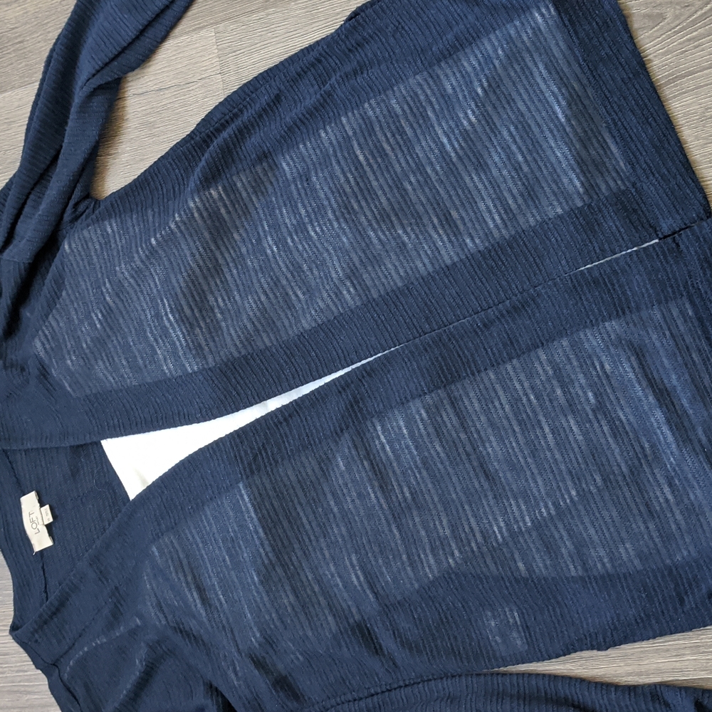 ❤️ 2 for $15 ❤️ LOFT Outlet Navy Blue 3/4 Length Woven Fabric Open Cardigan XS
